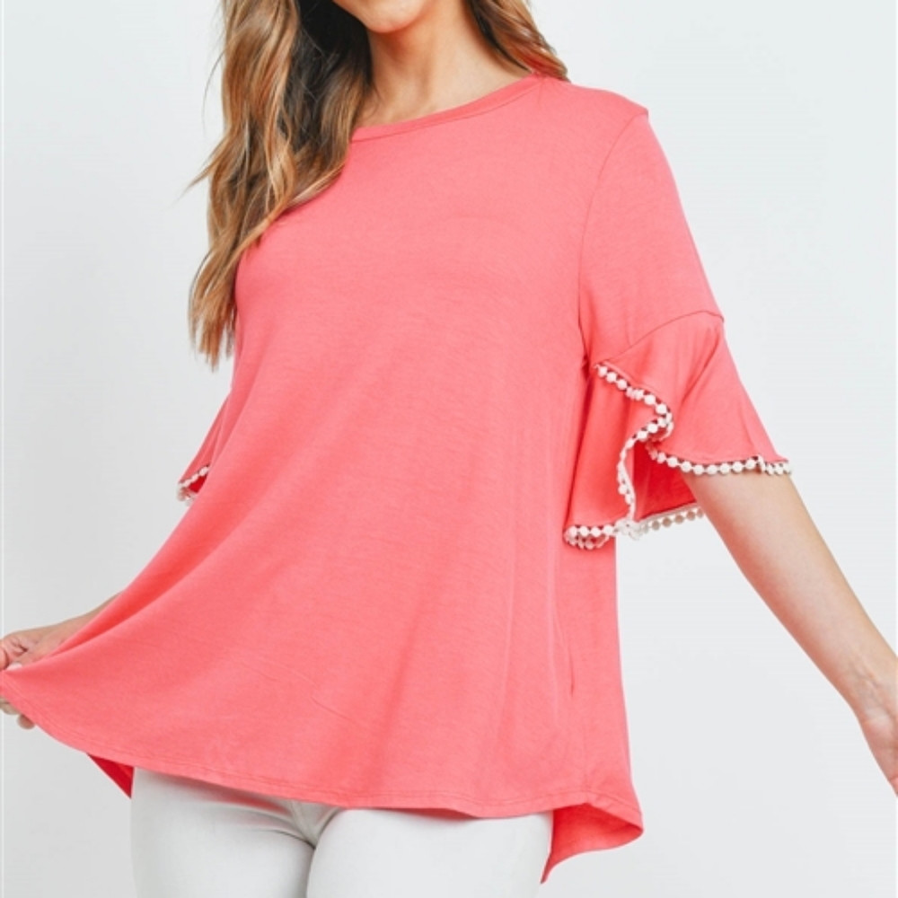 Coral Bell Flutter Sleeve Top with PomPom Details - Picture 3 of 4